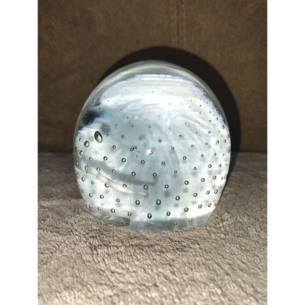 Vintage Controlled Bubble Art Glass Paperweight White & Smoky Black Swirl 3.5"